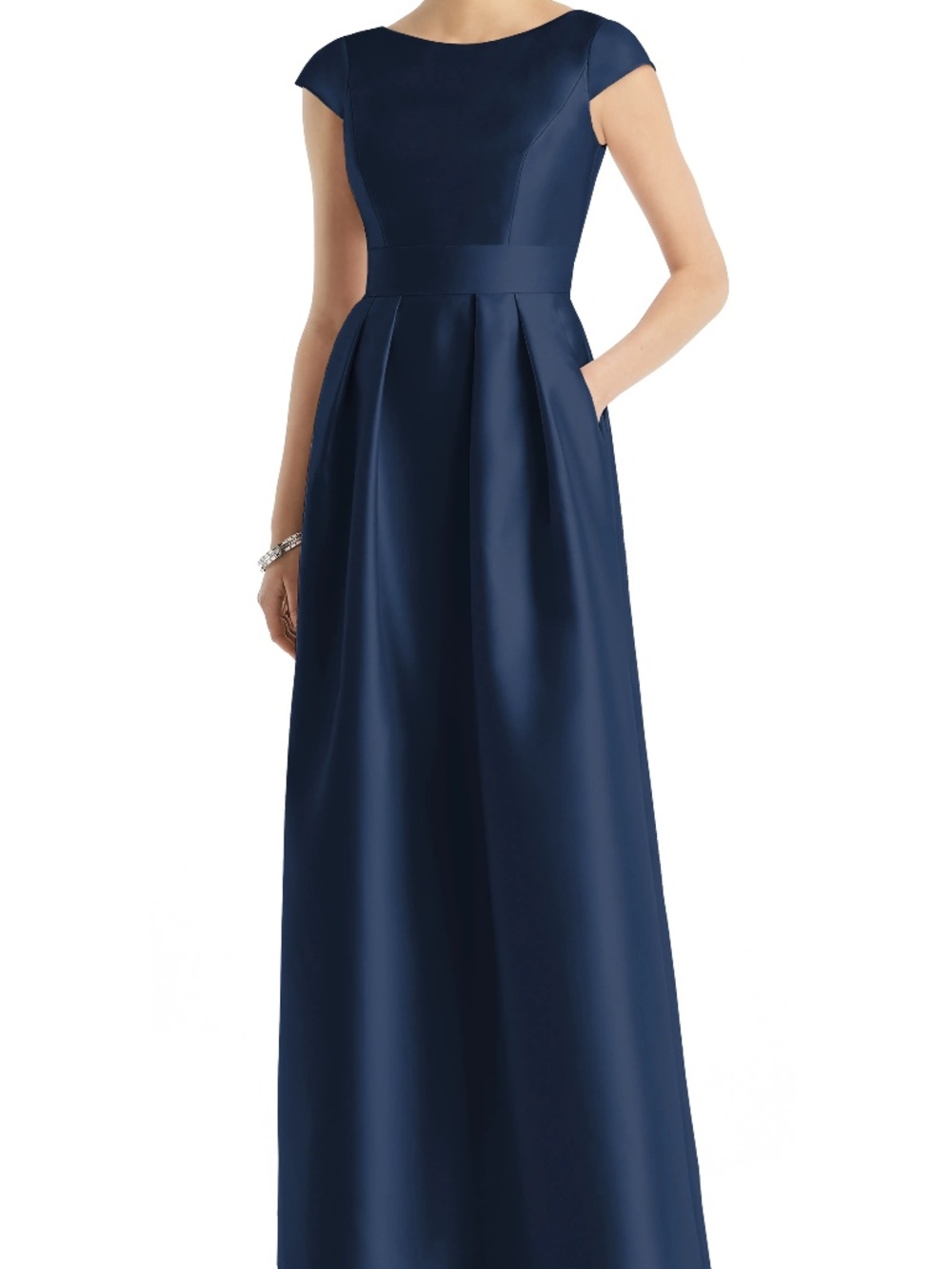 Alfred Sung Midnight Blue Satin A-Line Cap Sleeve Pleated Skirt Dress w/ Pockets - Picture 14 of 14